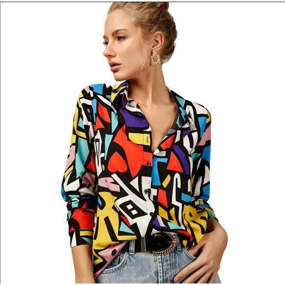 Abstract Mod Long Sleeve Blouse Cubist Color Block 60s 90s Style UK 18 US 14 - Picture 2 of 9